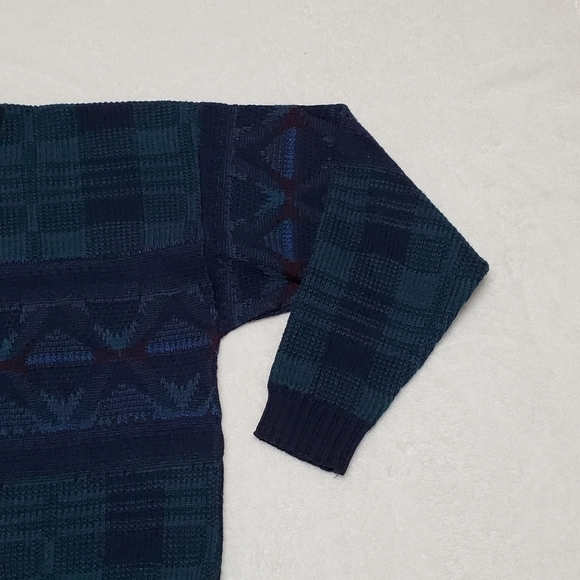 VINTAGE Reed St. James Loafers Turquoise Blue Plaid Printed Knit Sweater XL - Picture 6 of 11